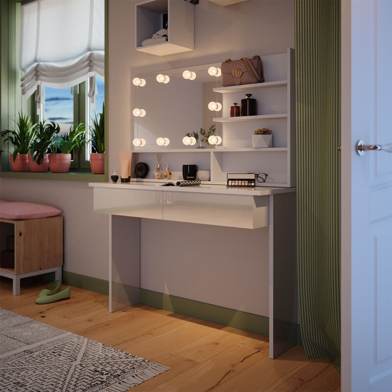 Vicco - Schminktisch Azur, Weiß, 120 cm mit led Beleuchtung