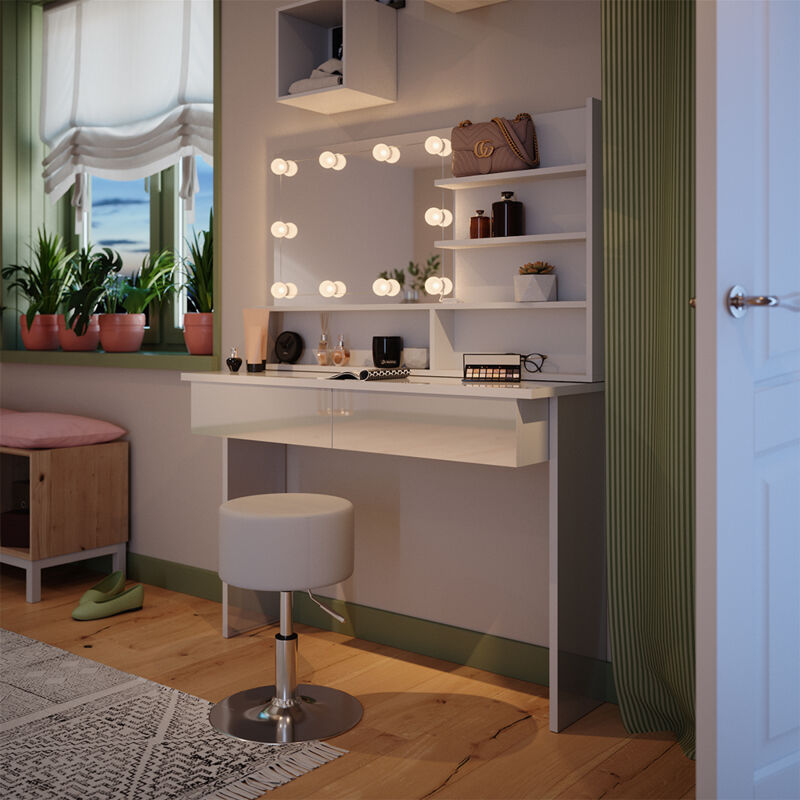 Schminktisch Azur, Weiß, 120 cm mit Spiegelregal, Hocker & LED-Beleuchtung, Vicco