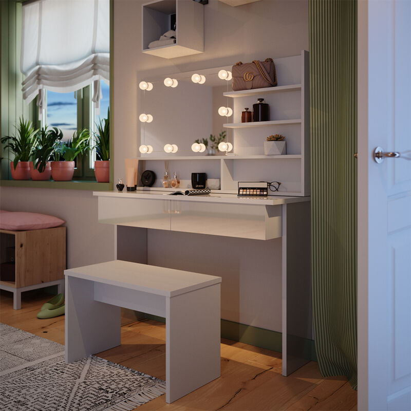 Vicco - Schminktisch Azur, Weiß, 120 cm mit Spiegelregal, Bank & LED-Beleuchtung