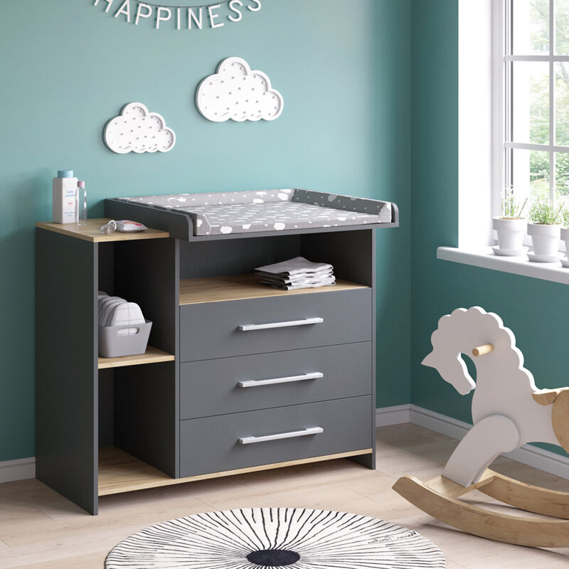 Wickelkommode Oskar, Anthrazit/Goldkraft Eiche, 113 x 93 cm mit 3 Schubladen, Vicco