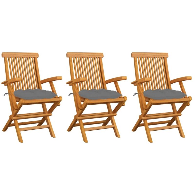 Vidaxl - Gartenstühle mit Grauen Kissen 3 Stk. Massivholz Teak
