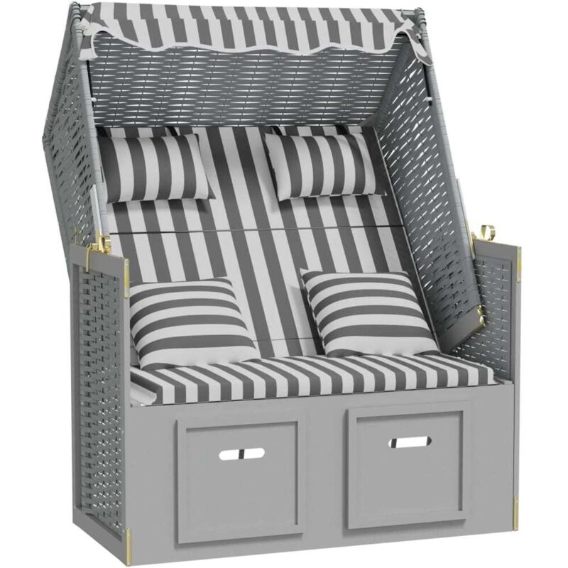 Strandkorb mit Kissen Poly Rattan und Massivholz Grau & Weiß vidaXL