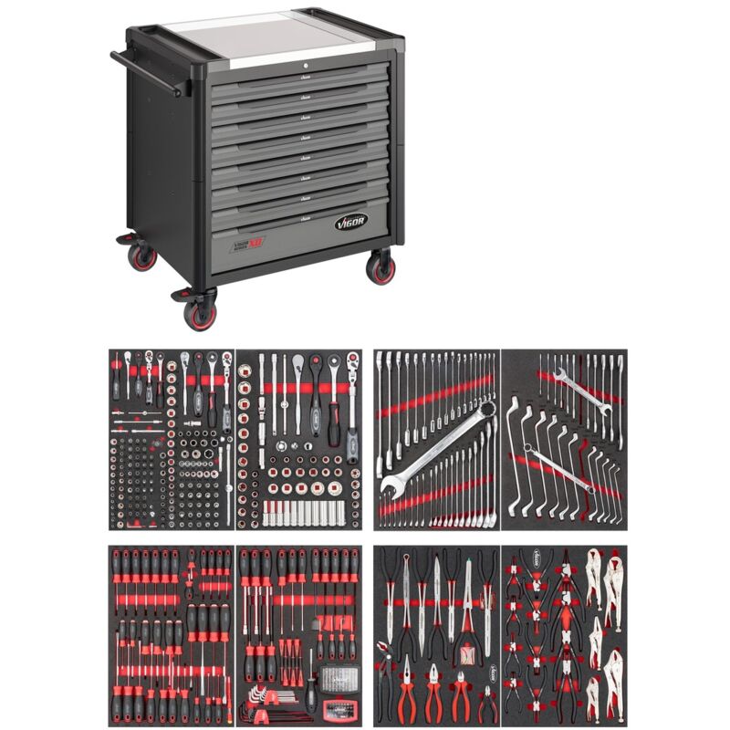 Werkstattwagen Series xd, extratief, Edelstahl-Arbeitsplatte, mit Sortiment, Anzahl Werkzeuge: 469 - Vigor
