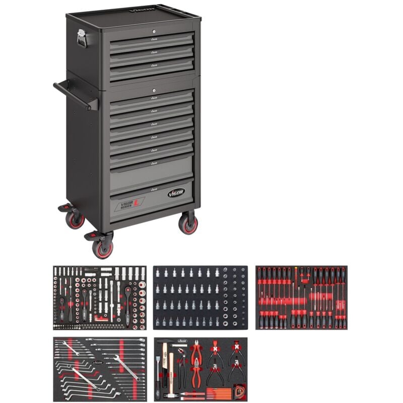 Werkstattwagen Series l, mit Sortiment und Aufsatzkoffer, Anzahl Werkzeuge: 344 - Vigor