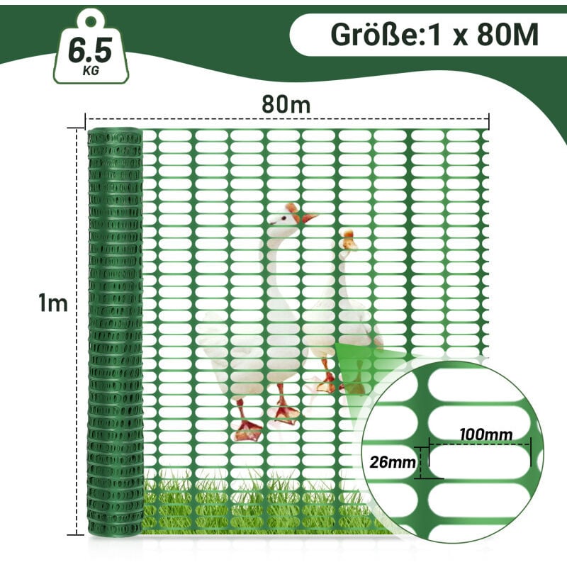 Swanew 1x80m Absperrzaun Bauzaun Warnnetz Grün,Sicherheitszaun mobiles Netz, Kunststoff Fangzaun, Zaun flexibel Mobiler Zaun Hühnerzaun Geflügelzaun