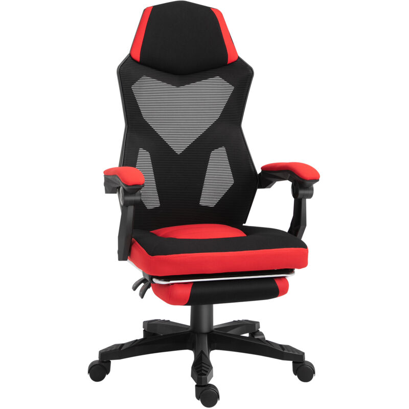 Vinsetto - Ergonomischer Bürostuhl, Gaming Stuhl, Drehstuhl mit Fußstütze, pc Stuhl, Chefsessel, höhenverstellbar, Polyester, Schwarz+Rot,58 x 63 x