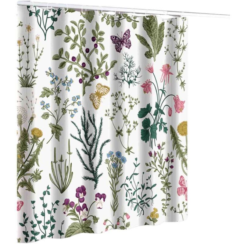 Vintage-Duschvorhang mit Blumenmuster, salbeigrünes botanisches Retro-Duschvorhang-Set, verspielter Duschvorhang im Bohème-Stil mit Pflanzen,