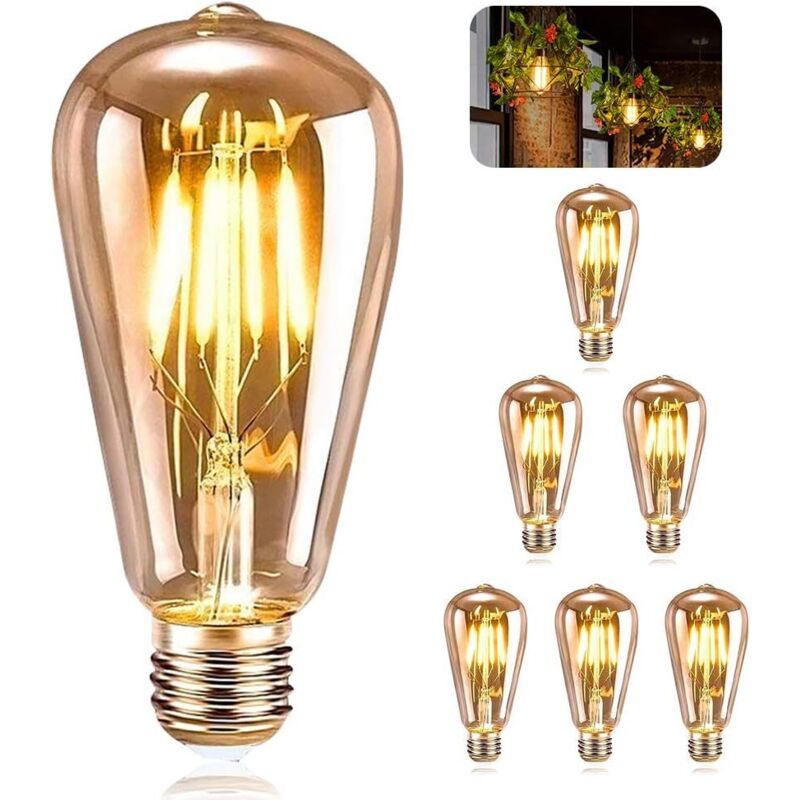 Vintage E27 Glühbirne, Landhaus-Hochzeitsdekoration, 6 Stück, LED E27 ST64 Dekolampe Retro Edison Vintage Antik 4W Warmweiß Filament für Restaurant