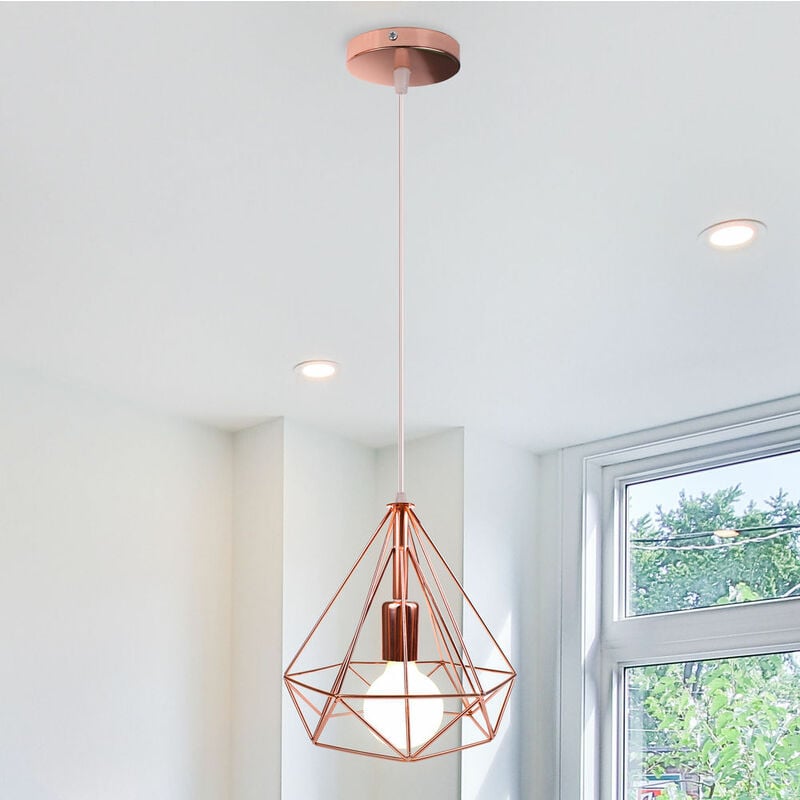 Pendelleuchte Ø25cm Diamant Form Hängelampe, Industri Stil Kronleuchter mit Metall Käfig E27 Fassung für Wohnzimmer Schlafzimmer Esszimmer Küche