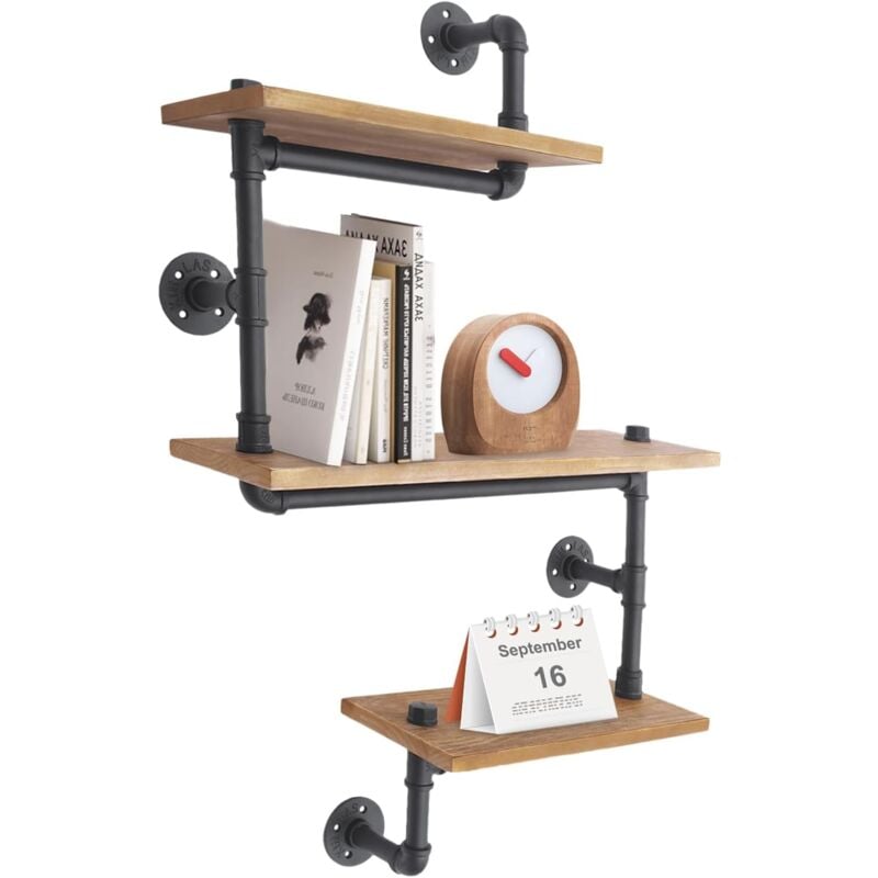 Gojoy - Vintage Shelves Wandregal, Schweberegal mit 3 Ebenen, 3 Schichten Industrielle Rohrregal Wandregal Massivholzregal Rohr Regal Metall
