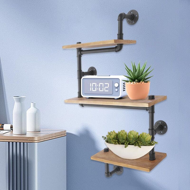 Vintage Shelves Wandregal, Schweberegal mit 3 Ebenen, 3 Schichten Industrielle Rohrregal Wandregal Massivholzregal Rohr Regal Metall