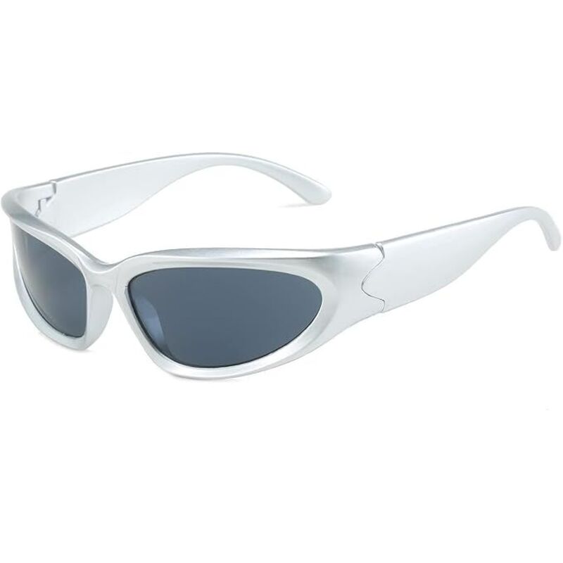 Vintage-Sonnenbrille im Wrap-Around-Stil – futuristische ovale Sonnenbrille im Y2K-Stil, silberfarben, für Damen und Herren, UV400-Schutz