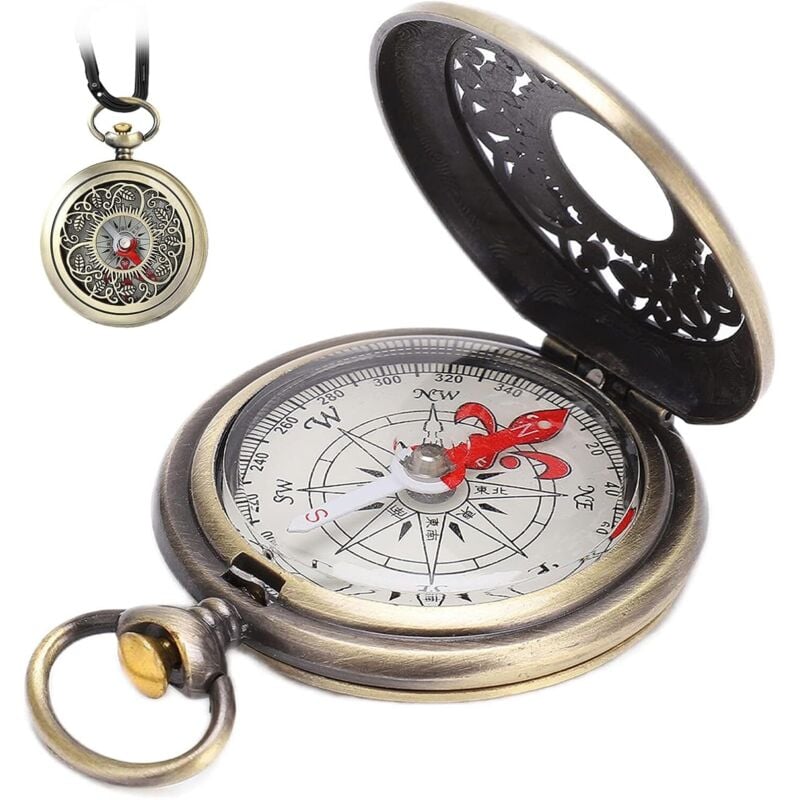 Vintage-Taschenuhr mit Hohlklappe und Kompass in Antik-Kupfer, 5,5 x 4,6 x 1,3 cm