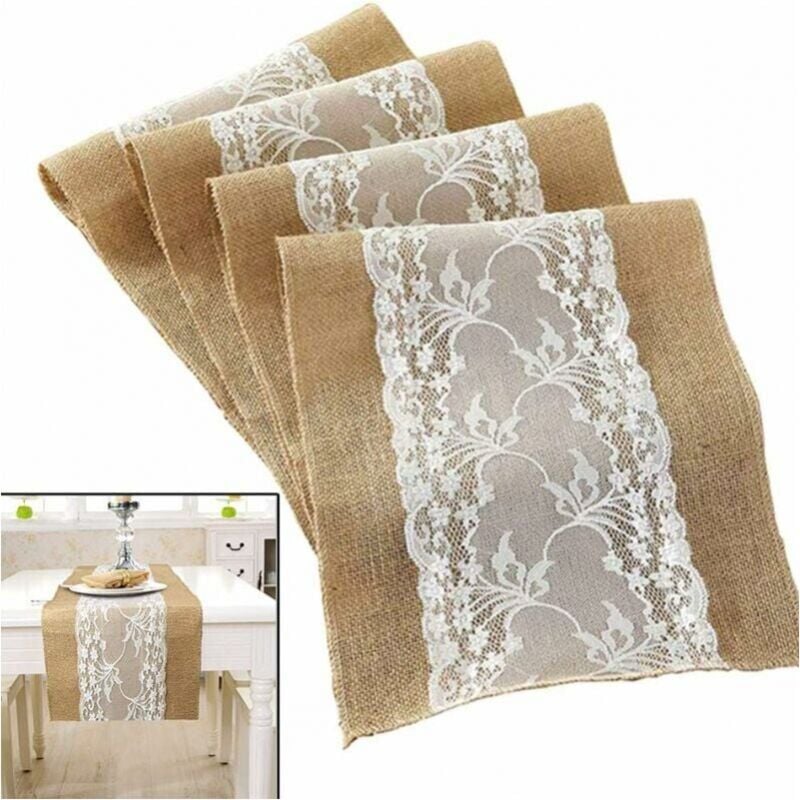 Vintage-Tischdecke im rustikalen Stil, 30 x 180 cm, weiße Jute-Tischdecke, Spitzen-Jute-Tischdecke, Winter-Heimdekoration für Weihnachten, Hochzeit,