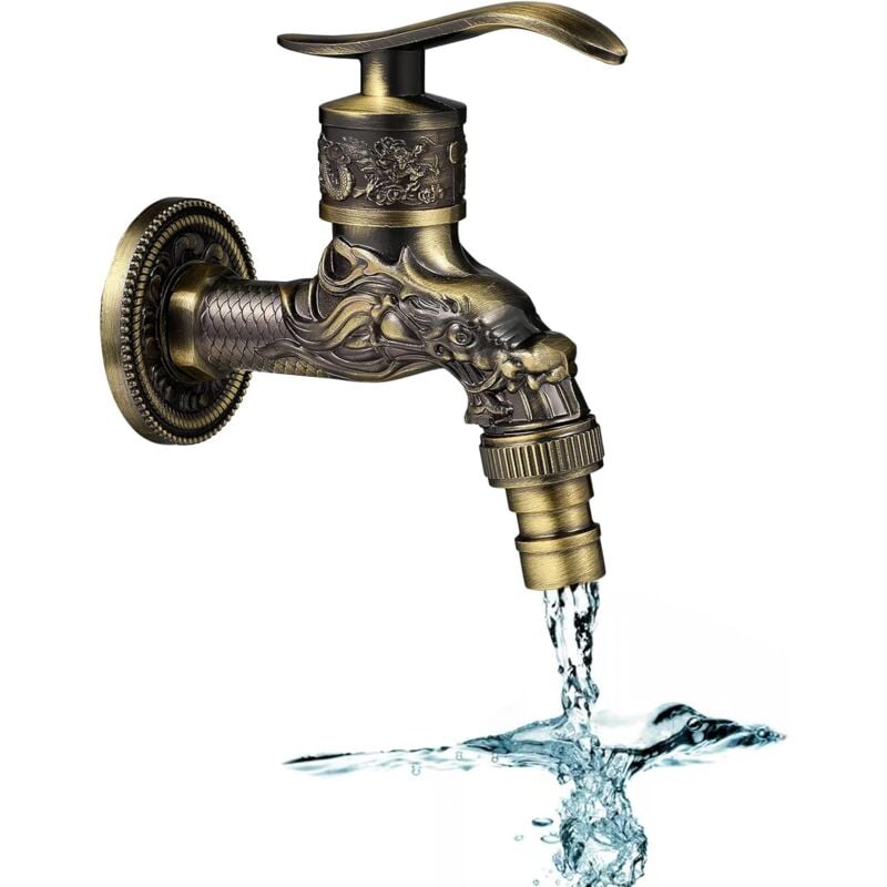 Ersandy - Vintage-Wand-Wasserhahn, Retro-Messing-Wand-Wasserhahn, antiker Messing-Wasserhahn, Drachengeschnitzter Wasserhahn, Wand-Garten-Wasserhahn