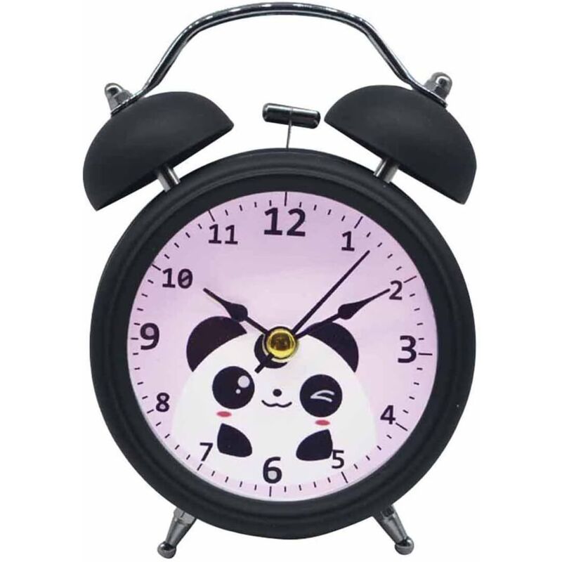 Vintage-Wecker mit Doppelglocke für Kinder, süßer Cartoon-Panda-Wecker mit Stummschaltung, Schreibtischuhr für Kinderzimmer (schwarz)