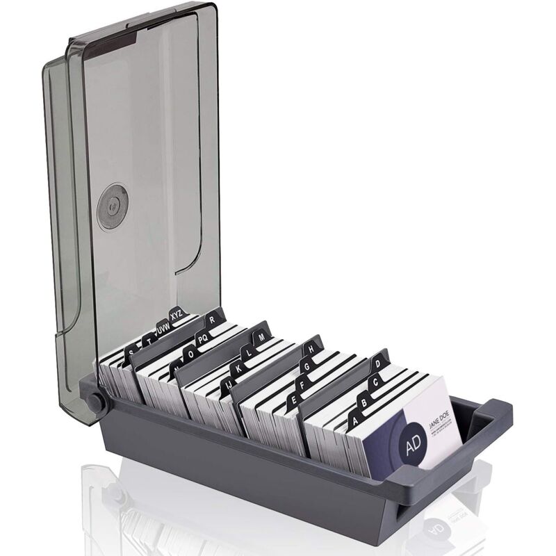 Visitenkartenetui, Aufbewahrungsbox für 500 Visitenkarten mit 4 Trennwänden (grau)