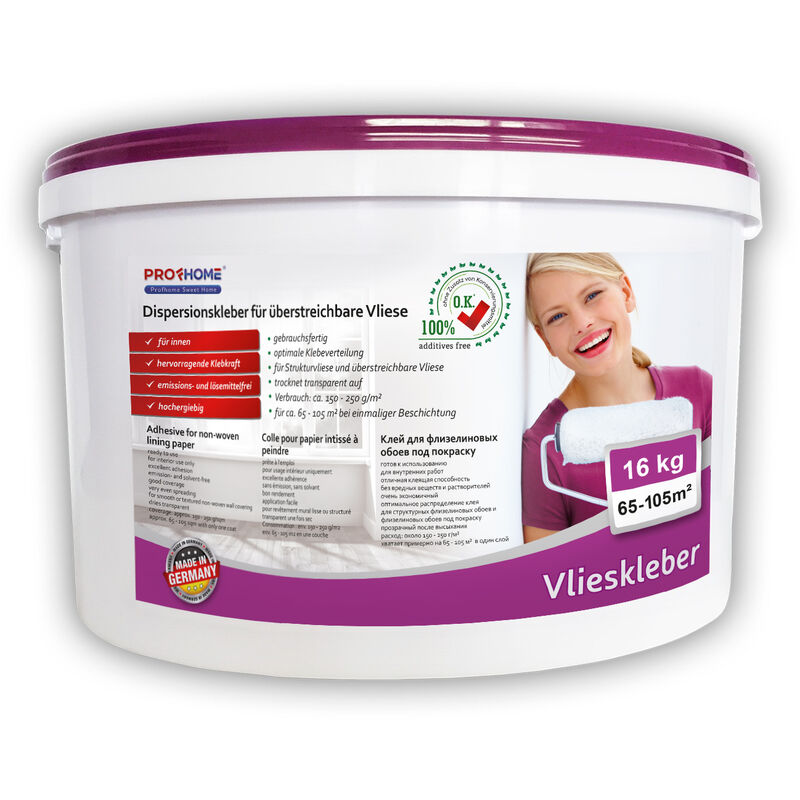E-delux - Vlieskleber Profhome Fertig-Kleber für Malervlies Renoviervlies Anstrichvlies Vlies Gewebe-Tapeten 16 kg max 105 qm