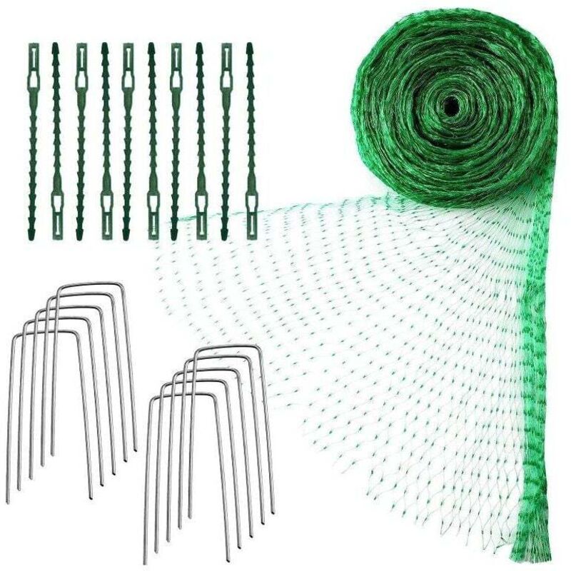 Vogelschutznetz, 4 x 10 m, grünes Gartenvogelnetz für Pflanzen, Schutznetz, zum Schutz von Pflanzen, Obst, Blumen und Gemüse, 10 Erdspieße + 10 Bänder