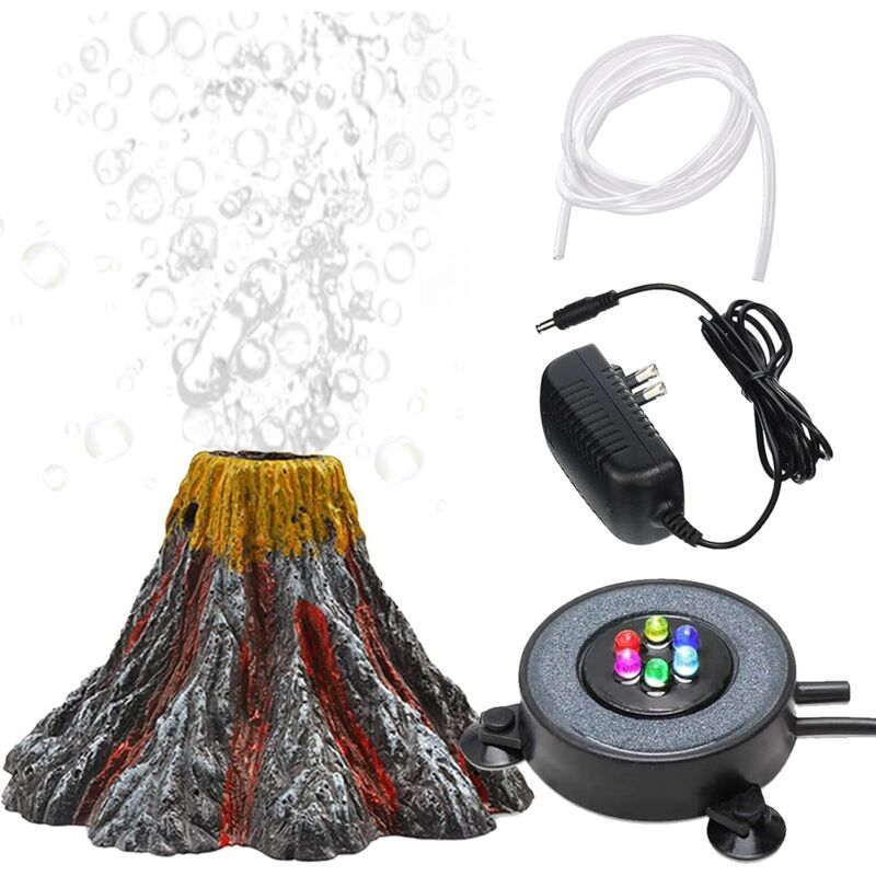 Volcano Aquarium-Dekorationsset, mehrfarbig, mit LED-Licht, Luftstein für Luftpumpe, Aquarium-Zubehör, Aquarium-Dekoration