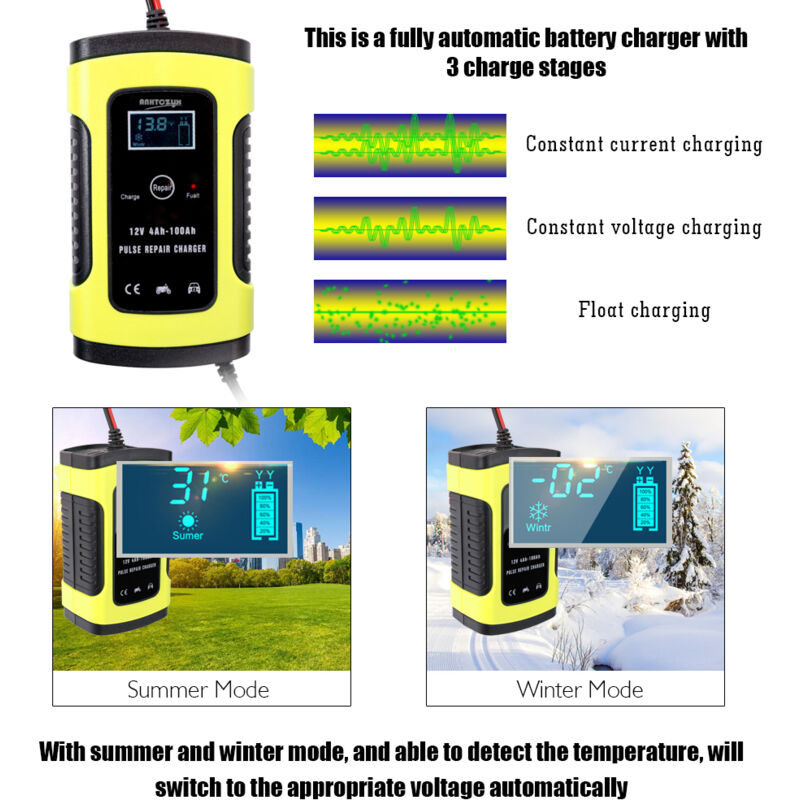 Vollautomatisches 12V6A Autobatterie-Ladegerät, intelligente Ladegeräte, Impulsreparatur, Bleiakku-Ladegerät mit LCD-Digitalanzeige.
