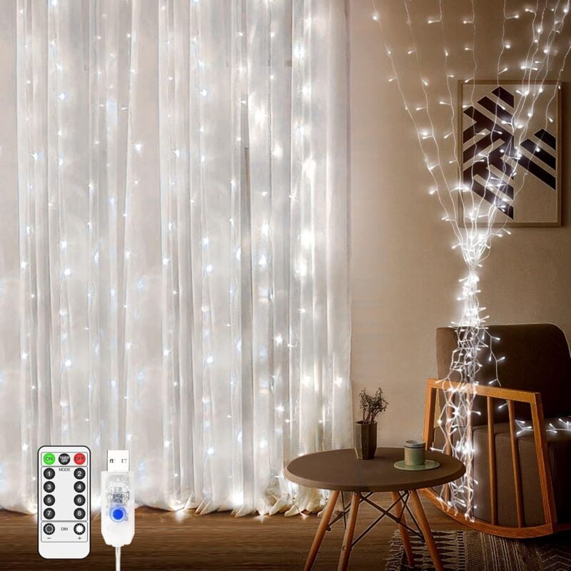 Vorhang-Lichterkette 200 LED 2m x 2m Weihnachtsbeleuchtung Wasserdicht USB-betrieben 8 Modi und ferngesteuerte Lichterkette für Schlafzimmer, Wand,