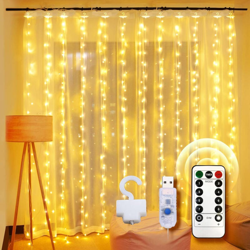 Beijiyi - Vorhang-Lichterkette, 3 m x 3 m, Vorhang-Lichter, led 8 Beleuchtungsmodi, USB-Vorhang-Lichter, Weihnachtsdekoration für drinnen und draußen