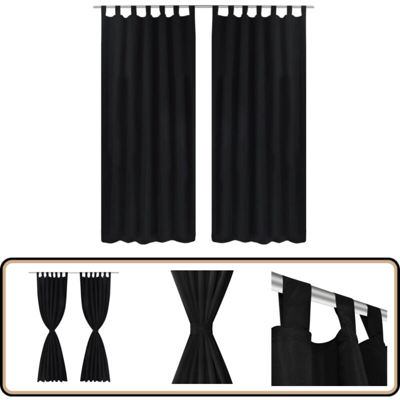 Vorhänge Gardinen aus Satin 2-teilig 140 x 175 cm Schwarz - Satin Vorhänge - Schwarze Vorhänge - Wohnraumdekoration - Fensterdeko - Gardinen