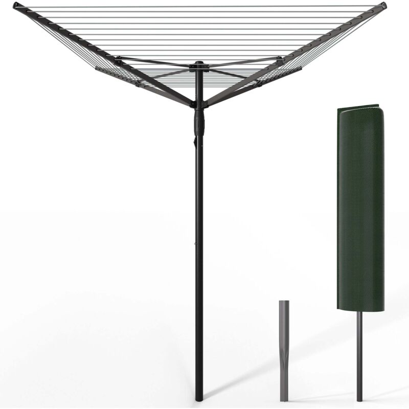 VOUNOT® Draußen Wäschespinne mit 50m Wäscheleine inkl. Bodenhülse und Schutzhülle, Schwarz-Grau