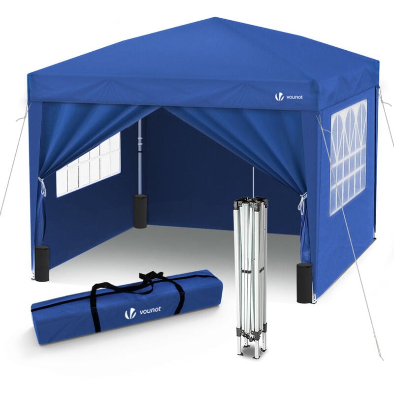 VOUNOT® Pavillon 3x3m mit 4 Seitenteilen & 4 Sandsäcke, Pop Up Faltpavillon, Faltbar Gartenzelt Partyzelt, inkl. Tasche, Blau