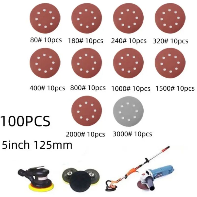 Vtizikl 100pcs 125mm Papier de Verre Rond En Forme De Disques De Ponçage Crochet Boucle Papier Abrasif Polissage Feuille Papier 8 Trous