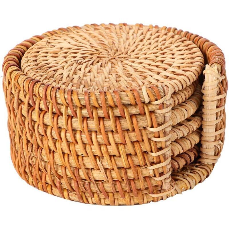 Vtizikl 6 Pièces Dessous, sous Verre Bois Rond, Dessous De Verre en Rotin, sous-Verres pour Boissons, sous Verres pour Table Basse, avec Support en