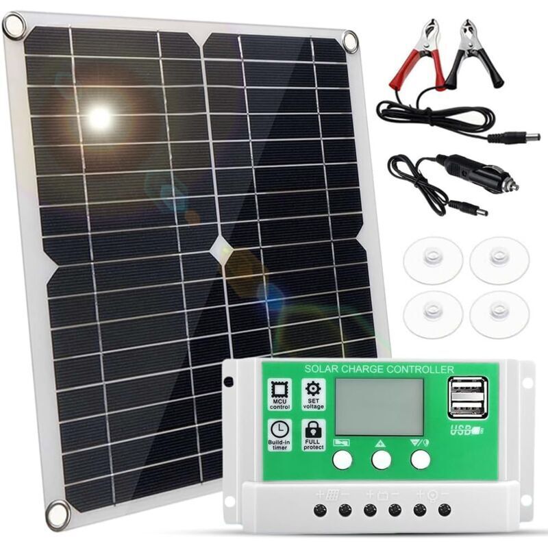 Vtizikl Kit Panneau Solaire 20W + Contrôleur de charge solaire 60A pour Système Hors Réseau Charge la Batterie 12V de Camping-car/Bateau/Caravane