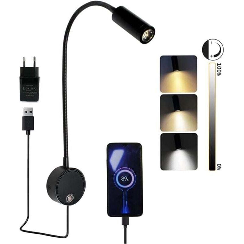 Vtizikl Lampe de lecture murale LED avec interrupteur tactile, intensité variable, col de cygne, lampe de lecture murale avec connexion USB, lampe de