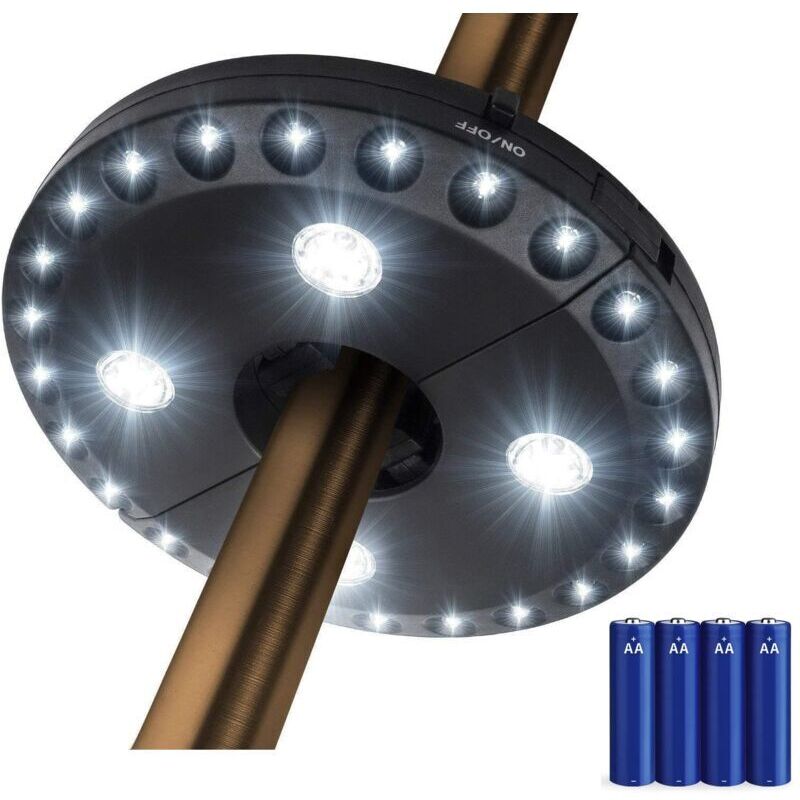 Vtizikl Lampe de parasol , lampe de jardin pour parasol, 3 modes de luminosité, 28 LED à 220 luxAlimentée par 4 piles AA, lampe de parasol pour