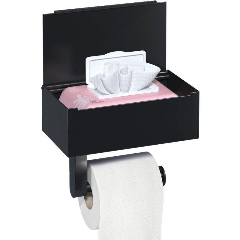 Vtizikl Porte Papier Toilette Mural, Porte Papier Toilette sans Perçage avec Étagères et Boîte à Lingettes Humides, Noir Porte Rouleau Papier