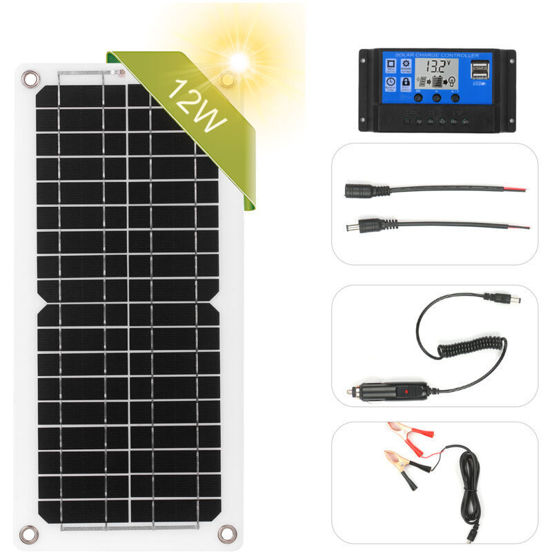 Vtizikl Système de panneau solaire hors réseau 12 W 12 V, kit de panneau solaire de charge pour camping, contrôleur de charge solaire 100 A + câble