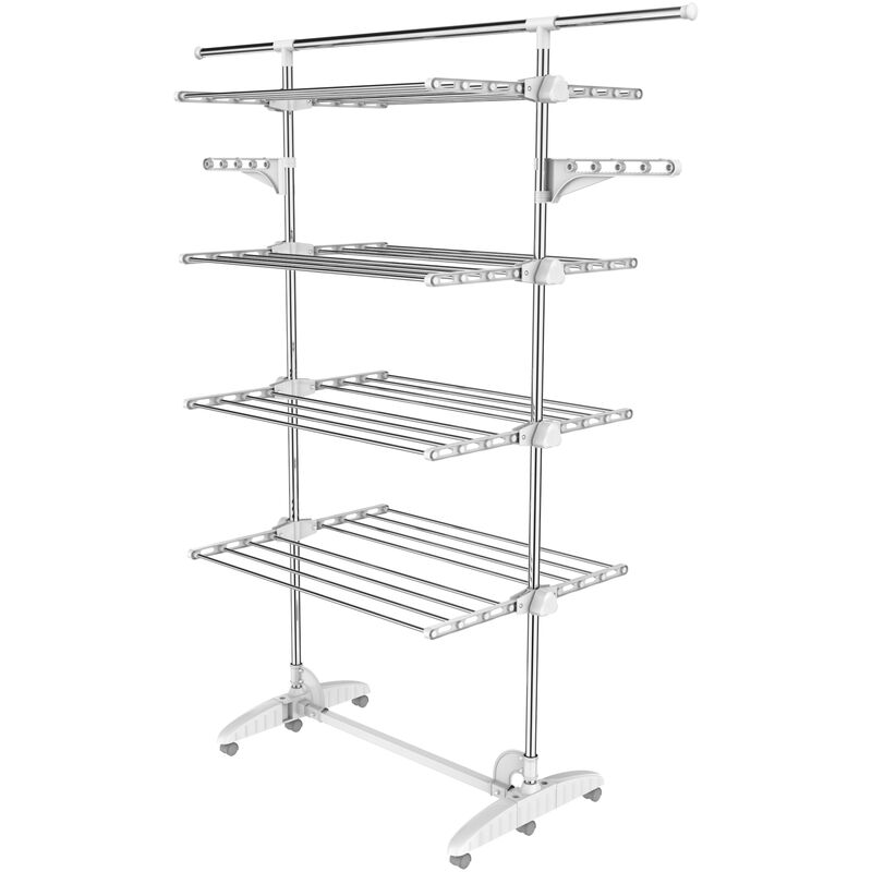 Wäsche-Trockengestell, Wäscheständer Material: Edelstahlrohre Maximale Belastbarkeit: 3 kg pro Stützstange 4 Ablagen, Weiß, Mit Flügeln und Stange