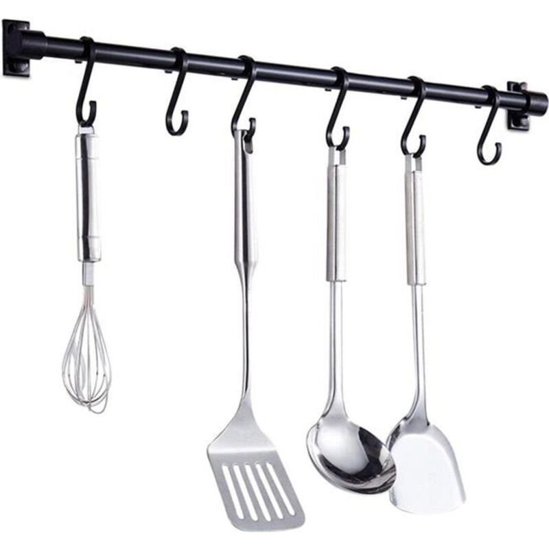Wall Mounted Kitchen Utensil Bar, 40cm Kitchen Shelf Bar with 6 Removable Hooks, Wall Shelf Door Holder (Black)