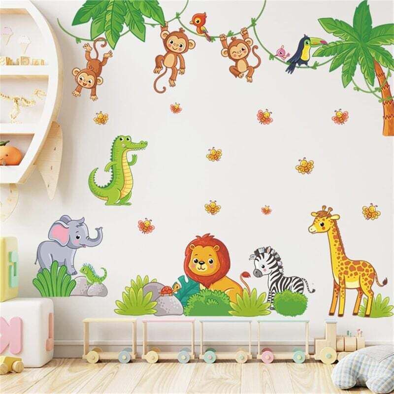 Wandaufkleber mit Dschungeltieren, Affe, Giraffe, Elefant, Löwe, Zebra, Vinyl-Wandtattoo, ideal für Kinderzimmer, Wohnzimmer und Spielzimmer.