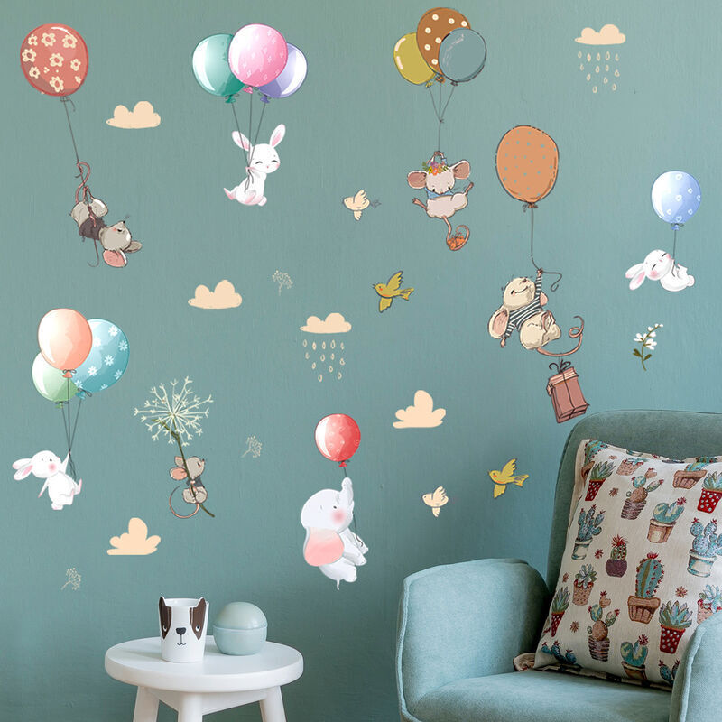 Linghhang - Wandaufkleber mit Luftballons und Tieren, Wandtattoo, Maus, Kaninchen, Elefant, Wanddekoration für Kinderzimmer, Babyzimmer
