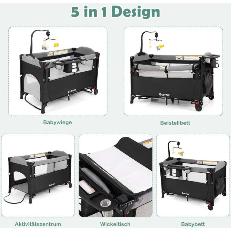 Northix - Wandelbares 5 in 1 babybett mit wickeltisch aufbewahrungstasche schwarz 8
