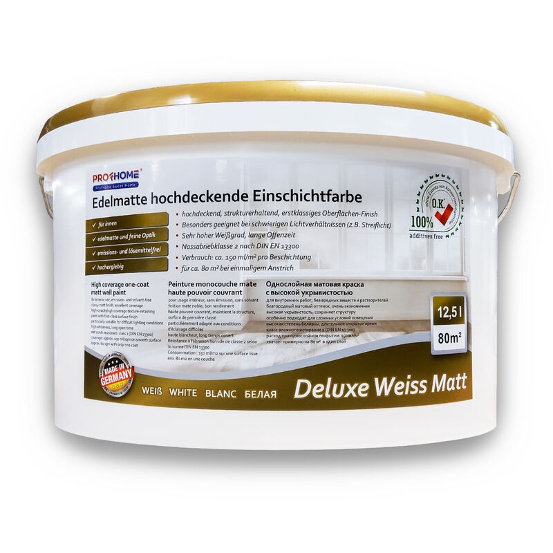 E-delux - Wandfarbe profhome Deluxe Weiss Matt Innenfarbe edelmatte hochdeckene Einschichtfarbe 12,5 l 80 qm