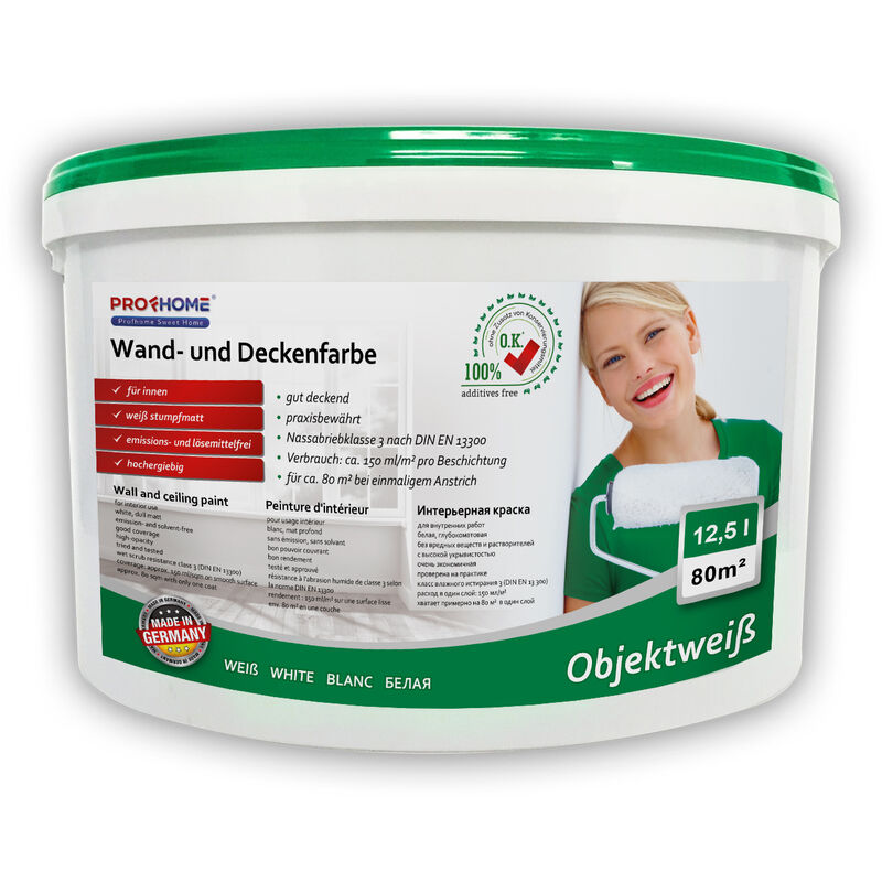 E-delux - Wandfarbe profhome Objektweiß Innenfarbe Farbe hochergiebig gut deckend matt weiß 12,5 l Eimer für max. 80 qm