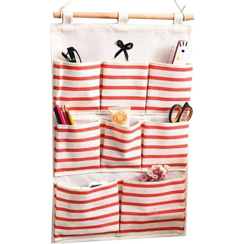 Wandhängetasche aus Baumwoll-Leinen-Gewebe mit 6/8 Taschen, Organizer-Aufbewahrungsbeutel, rot, 6 Taschen