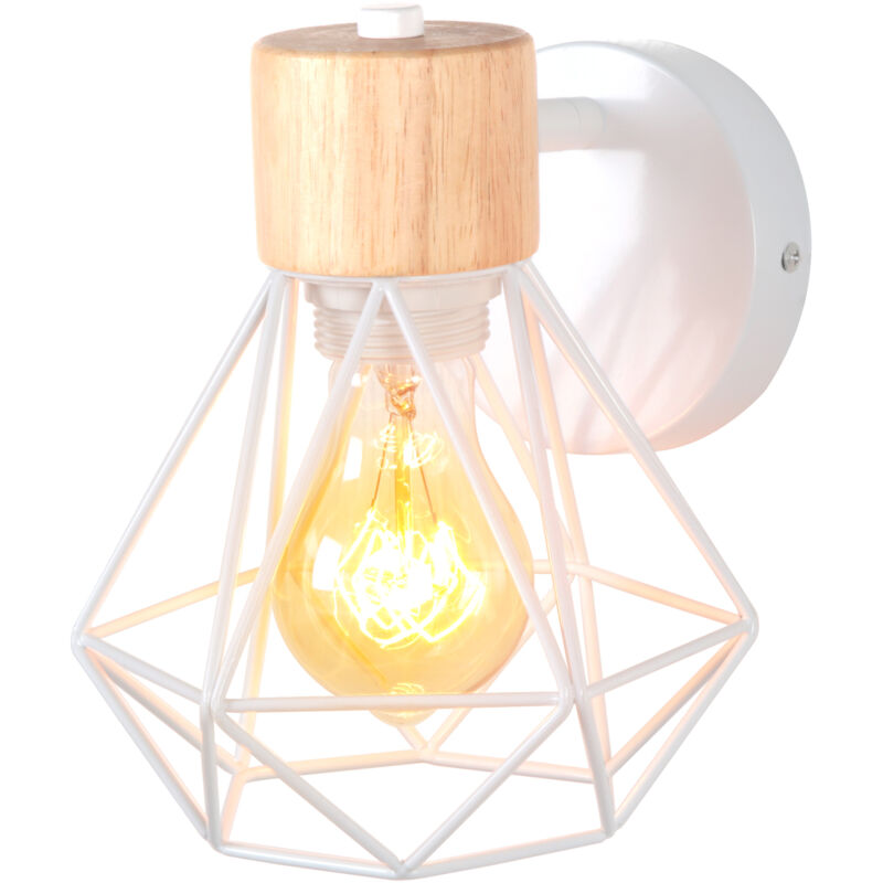 Wandlampe Retro aus Holz Eisen Käfig Wandleuchte Drehbare E27 16CM für Flur Wohnzimmer Schlafzimmer Küche Cafét (Weiß)