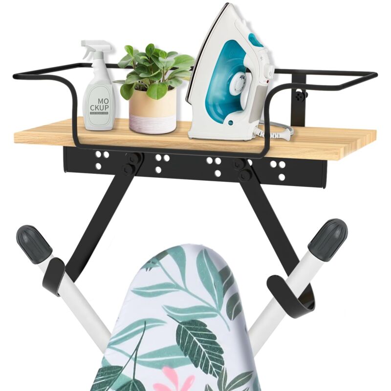 Wandmontierter Bügelbretthalter mit großem Aufbewahrungskorb und stabilen Haken – Bügeleisen- und Bügelbrettständer für den Waschraum – Hält