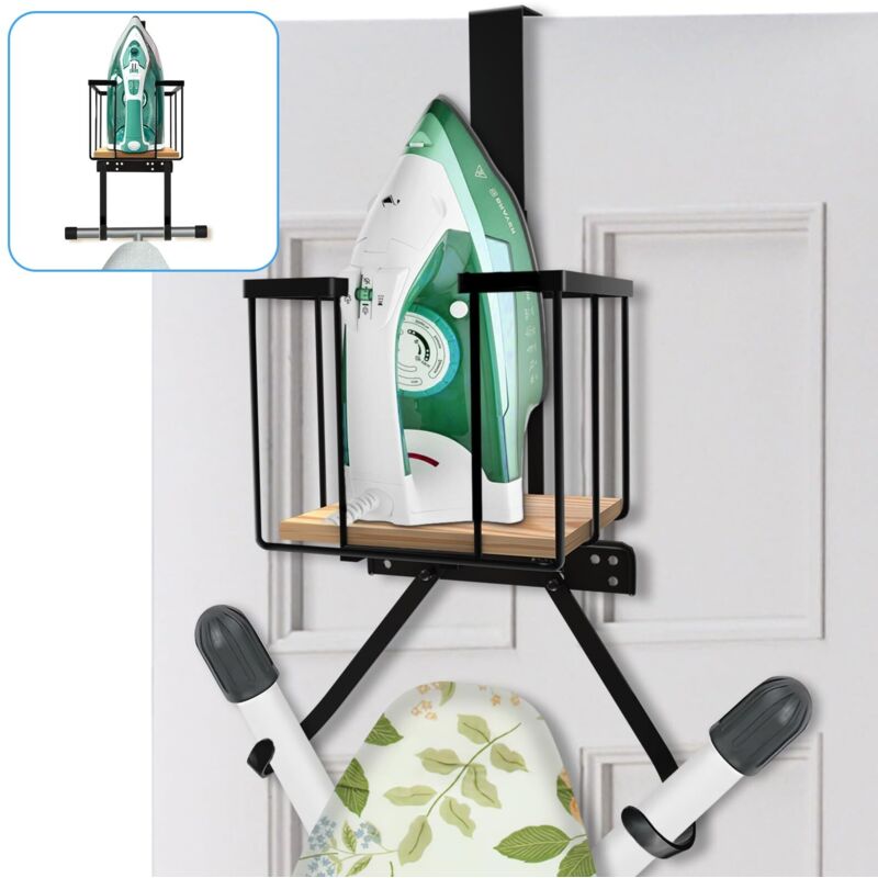 Wandmontierter Bügelbretthalter mit großem Aufbewahrungskorb und stabilen Haken – Bügeleisen- und Bügelbrettständer für die Waschküche