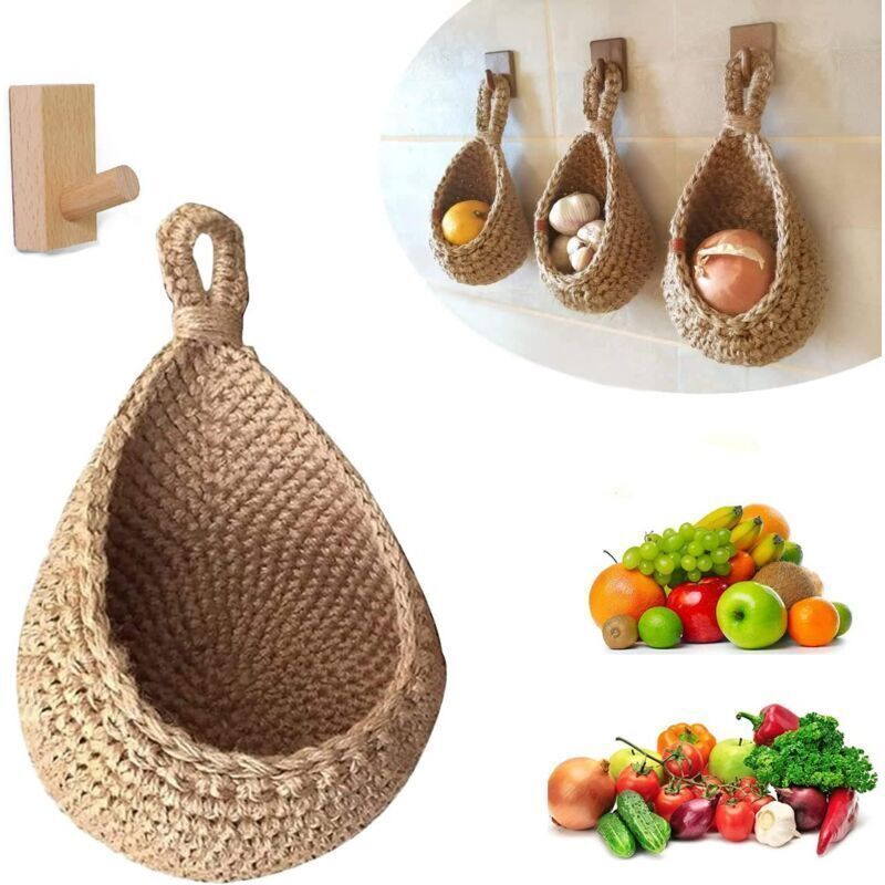Wandmontierter Obst- und Gemüsekorb, handgewebter, tropfenförmiger Obst- oder Gemüsekorb aus Jute, hängender Küchenaufbewahrungskorb (Höhe 23 cm,