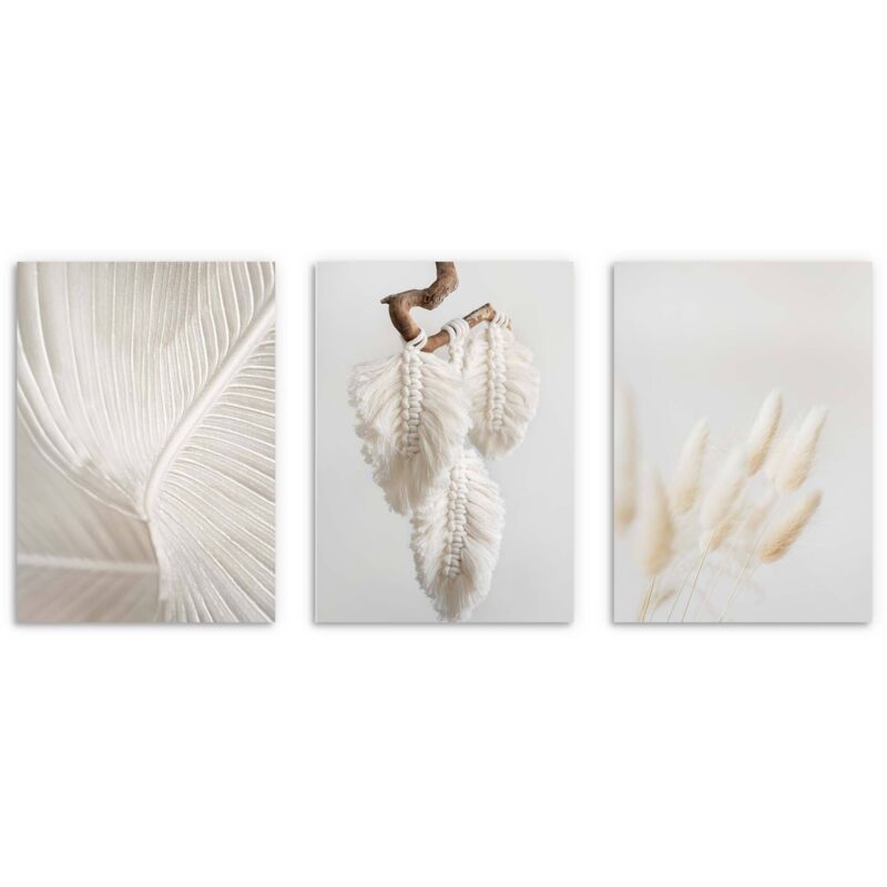 Wandposter, Boho Poster weiße Federn Poster fürs Schlafzimmer 3x 50x70cm